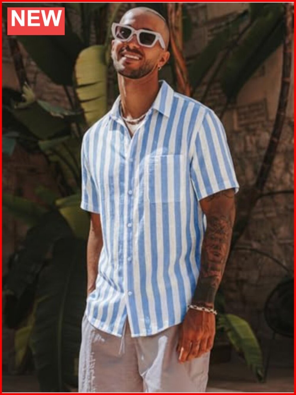 Mens Linen Short Sleeve Striped Button Down Shirt Casual Beach Vacation Top - Picture 2 of 6